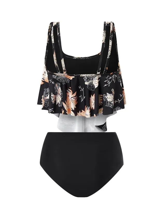 Vacation Floral Printing Scoop Neck Tankinis Two-Piece Set