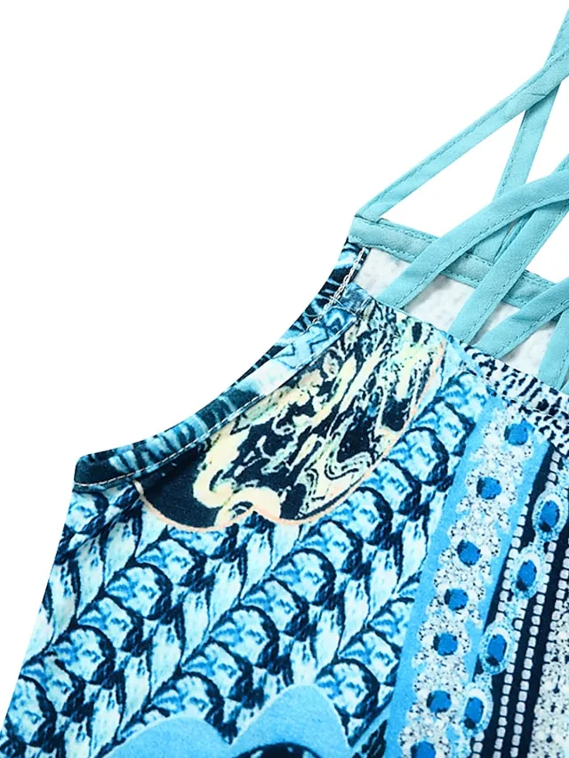 Women's Casual Dress Mini Dress Blue Sleeveless Print Print Spring Summer Halter Casual 2023 S M L XL XXL 3XL