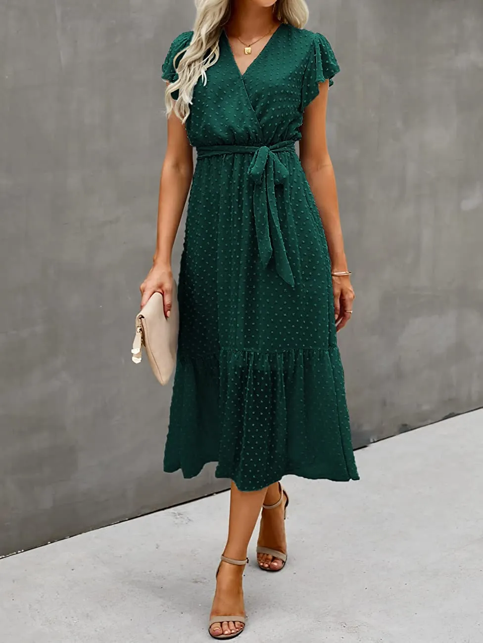 Women Summer Bohemian Floral Casual Wrap V Neck Ruffle Cap Sleeveless Belt A-Line Pleated Hem Swing Midi Sun Dress