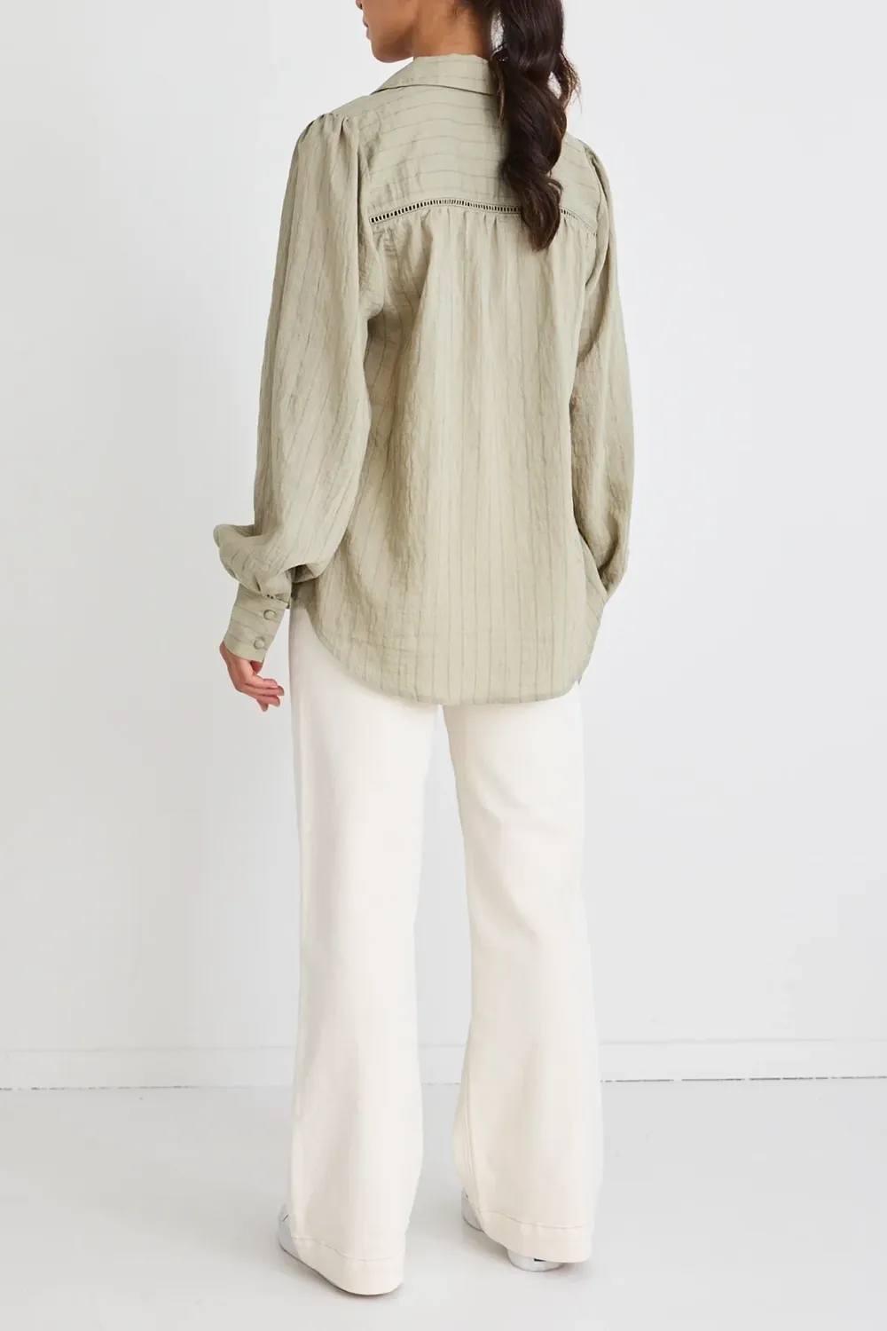Khaki Stripe Lace Insert Linen Blouse