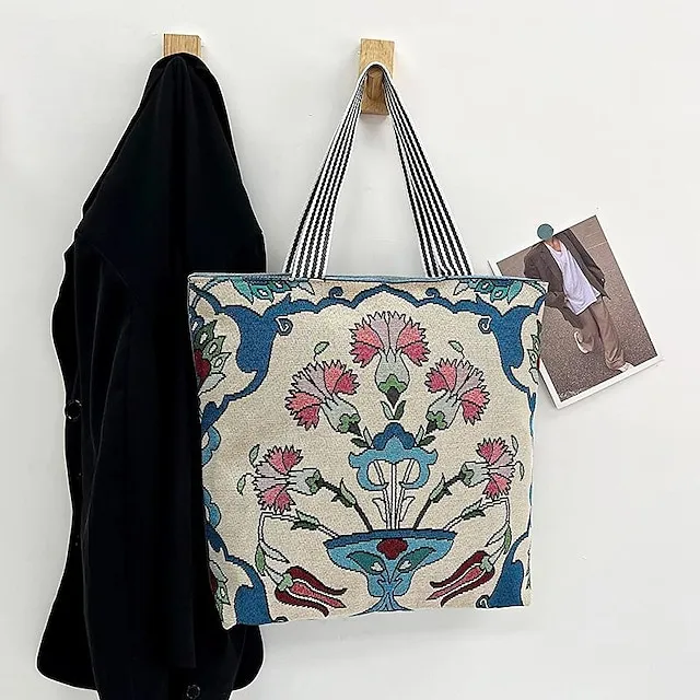 Women's Tote Shoulder Bag Canvas Tote Bag Canvas Shopping Holiday Zipper Large Capacity Foldable Lightweight Geometric Folk Style one Style Three Style two