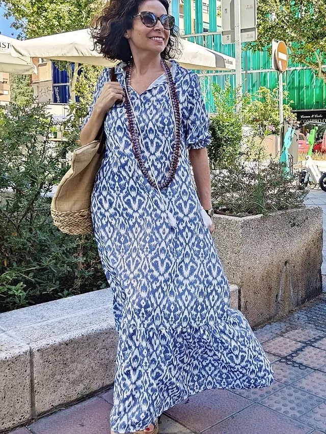 Women‘s A Line Dress Maxi long Dress Purple Half Sleeve Print Ruched Print Spring Summer V Neck Casual Vacation 2023 3XL