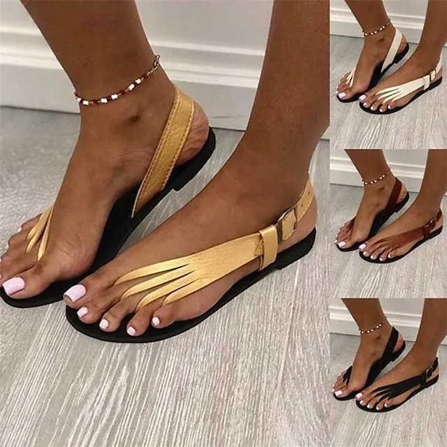 Women's Sandals Boho Bohemia Beach Flat Sandals Barefoot Sandals Daily Beach Summer Buckle Flat Heel Round Toe Open Toe Vintage Classic Casual Faux Leather T-Strap Solid Colored Black White Gold