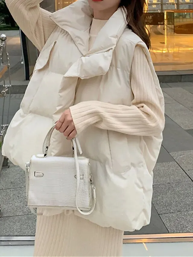 Women's Puffer Vest Long Sleeveless Parka Warm Heated Quilted Gilet Winter Coat Zipper Stand Collar Jacket with Pocket Outerwear Black White S M L XL