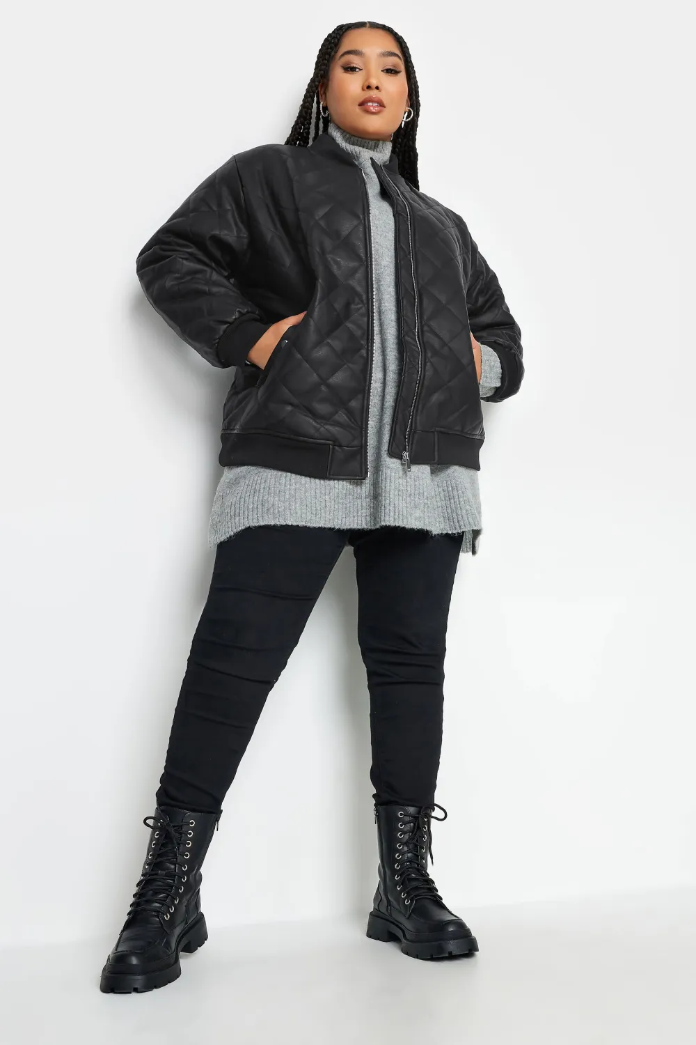 YOURS Curve Black Quilted Faux Leather Bomber Jacket