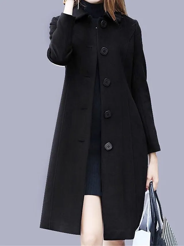 Women's Overcoat Long Pea Coat Single Breasted Lapel Winter Coat Christmas Party Windproof Warm Trench Coat with Pockets Comtemporary Stylish Lady Jacket Long Sleeve Black Wine Royal Blue