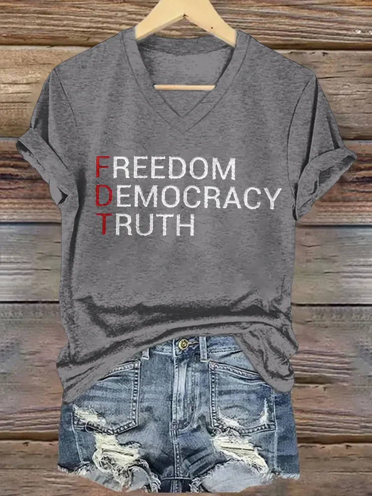 Women's Freedom Democracy Truth Print Short Sleeve V-Neck Cotton T-Shirt