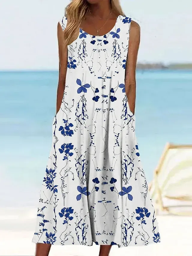 Women's Casual Dress Tank Dress Summer Dress Floral Print Crew Neck Midi Dress Active Fashion Daily Holiday Sleeveless Loose Fit Aqua Blue Cream Wine Summer Spring S M L XL XXL