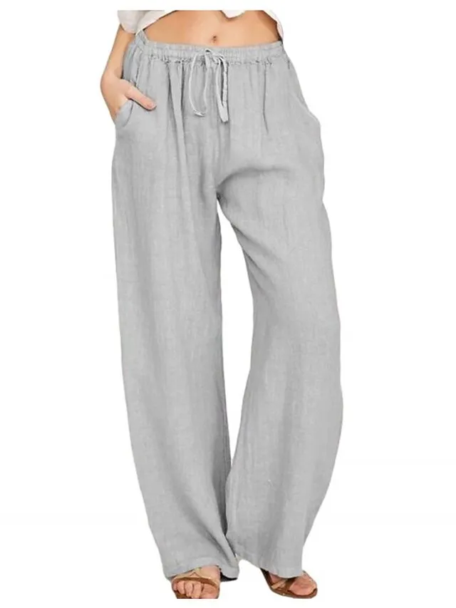 Women's Basic Essential Classic Culottes Wide Leg Chinos Drawstring Pants Casual Inelastic Solid Colored Faux Linen Lightweight Mid Waist Loose Black Blue Gray Dusty Blue S M L XL XXL