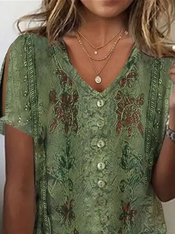 Women Short Sleeve V-neck Graphic Printed Tops