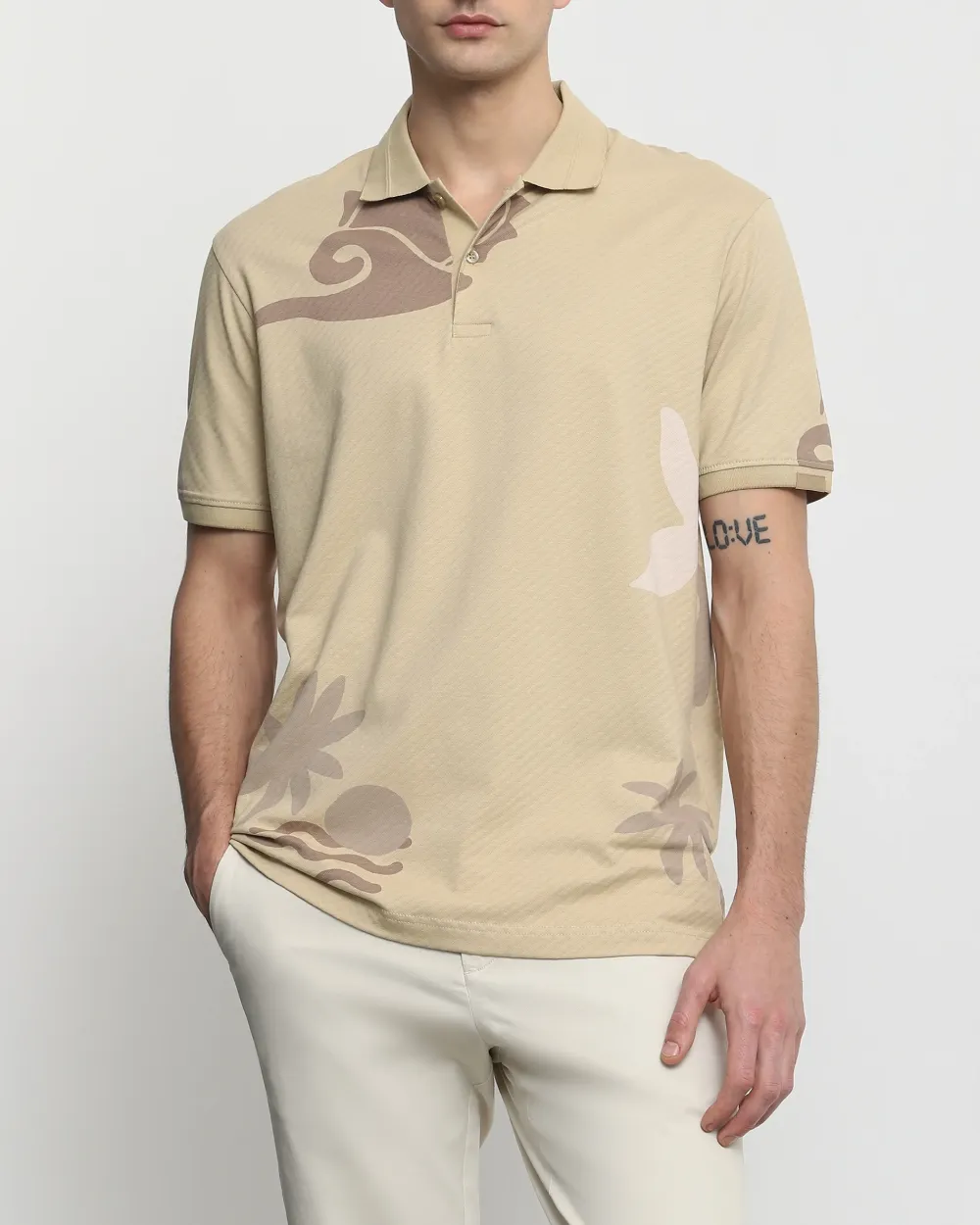 Daily Simple Soft  Beige Brocade Texture Polo Shirt