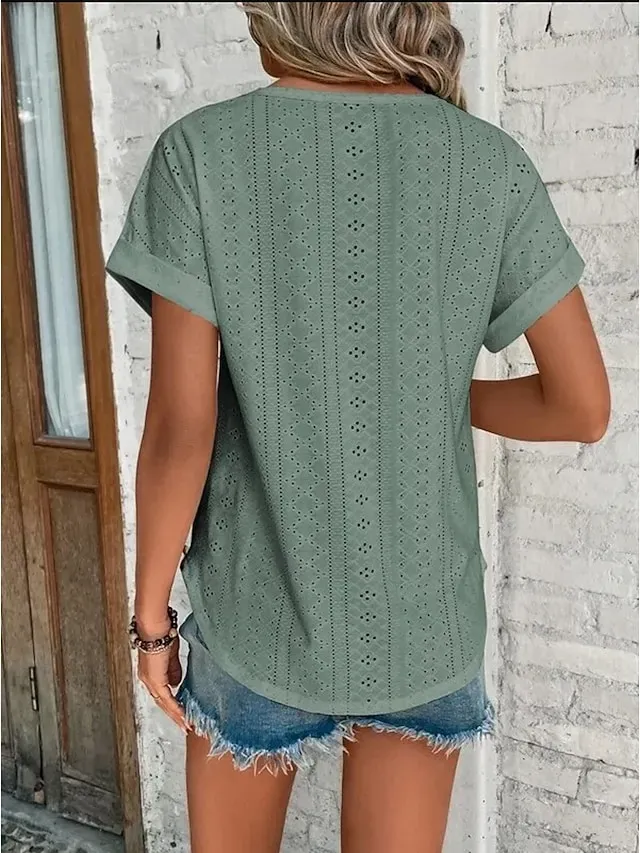 Women's T shirt Tee White Eyelet Tops Light Blue Black White Plain Cut Out Short Sleeve Daily Weekend Basic Round Neck Regular Cotton S