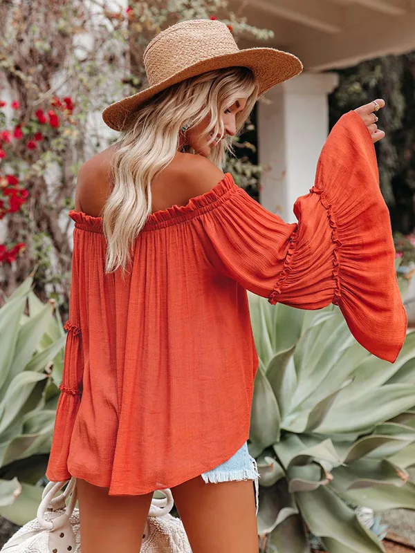 Urban Solid Color Pleated Puff Sleeves Off-The-Shoulder Blouse