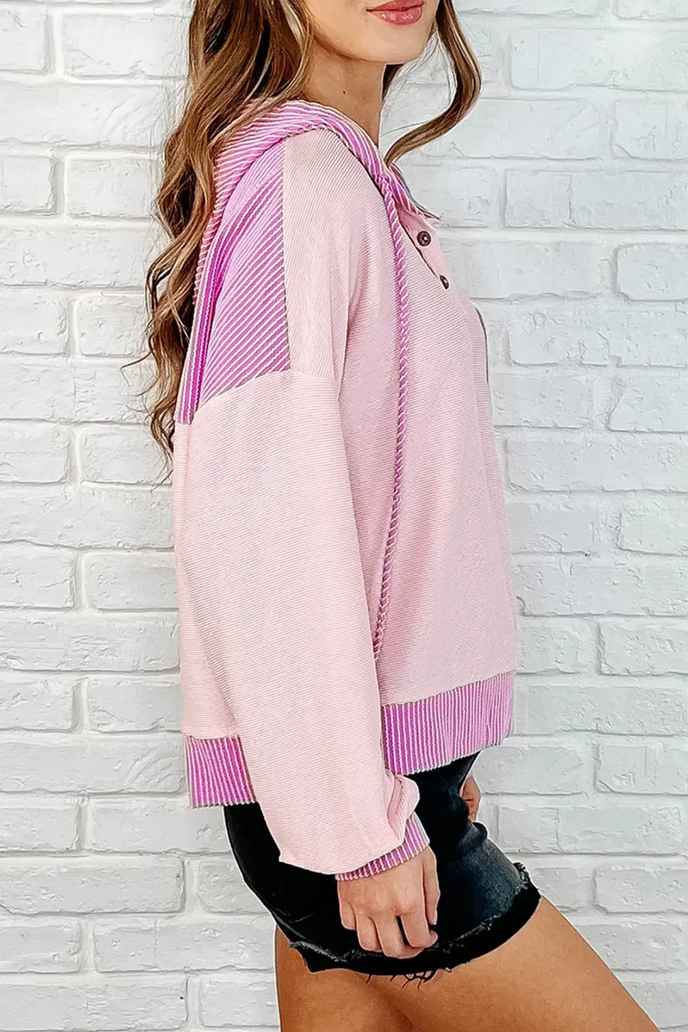 Pink Daily Personality Striped Pocket Hoodie