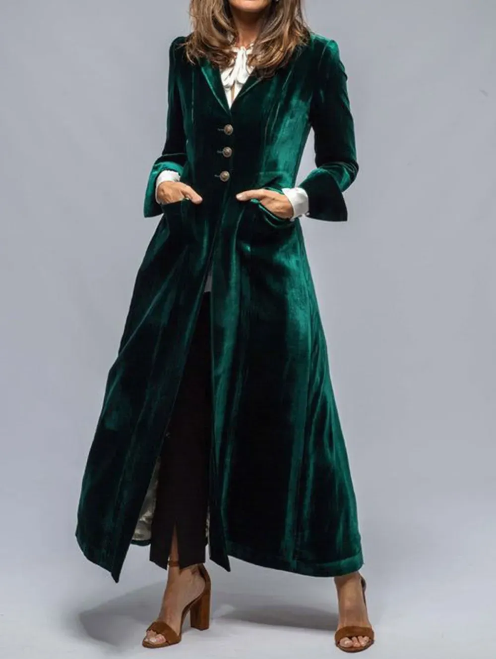 Velvet Lapel Collar Tunic Single Breasted Ankle Length Coat