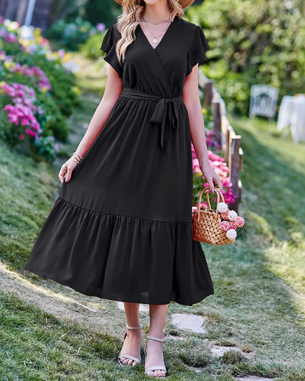 Women Summer Bohemian Floral Casual Wrap V Neck Ruffle Cap Sleeveless Belt A-Line Pleated Hem Swing Midi Sun Dress