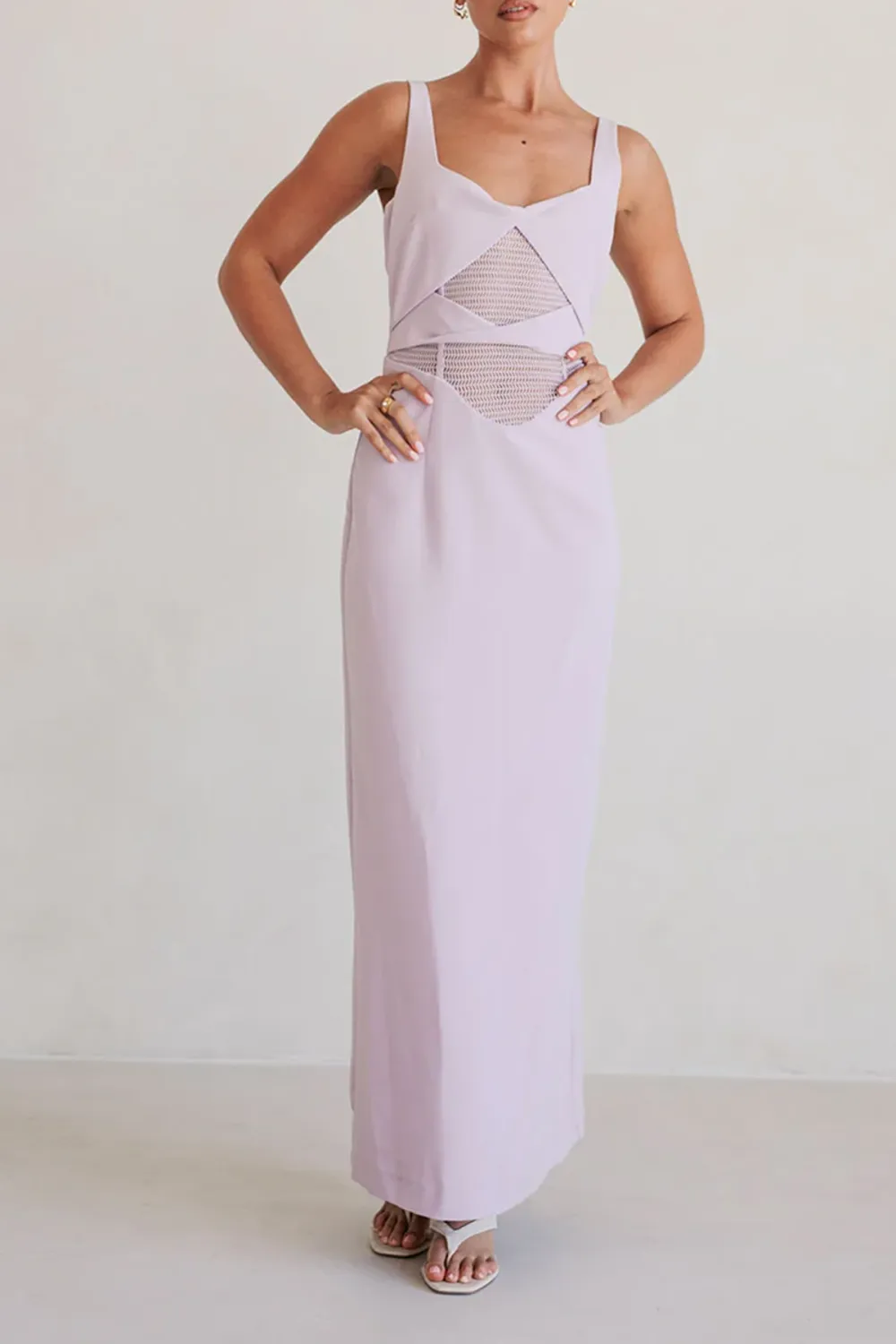 Square Neck Mesh Panel Midi Dress