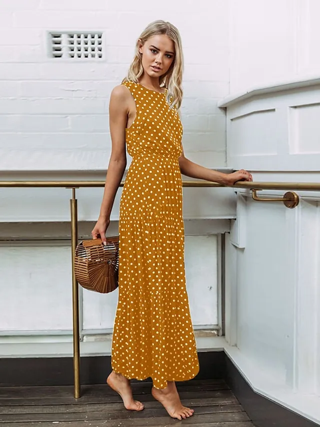 Women's Casual Dress Swing Dress Boho Dress Maxi long Dress Black Yellow Navy Blue Sleeveless Polka Dot Ruched Summer Spring Fall Crew Neck Fashion Birthday Vacation Summer Dress 2023 S M L XL XXL