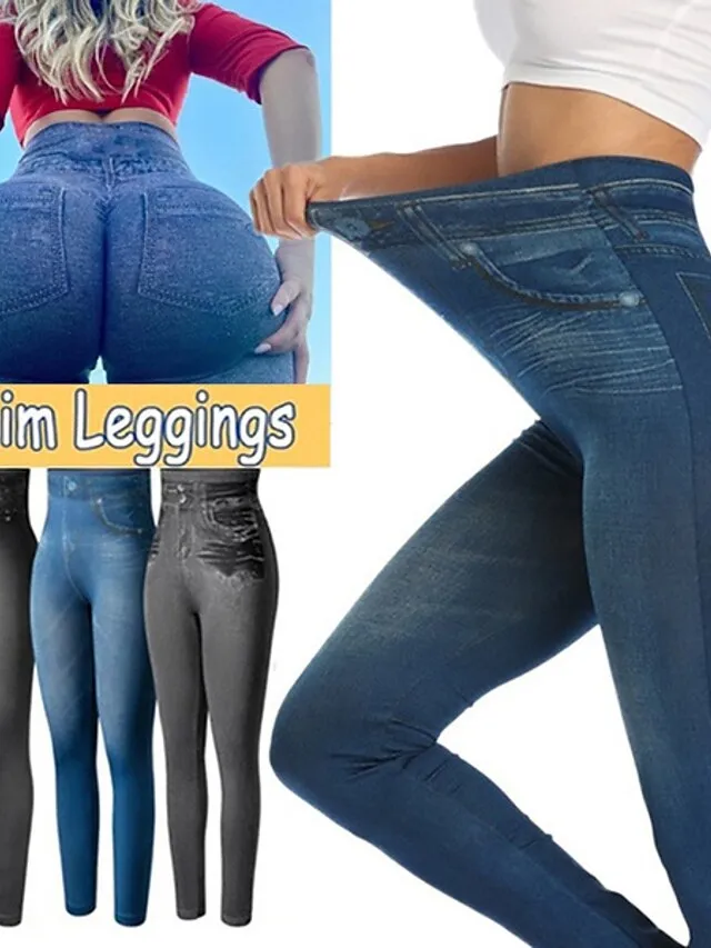 Women's Casual / Sporty Athleisure Skinny Tights Leggings Print Ankle-Length Pants Casual Weekend Stretchy Solid Color Denim Faux Denim Tummy Control Butt Lift High Waist Skinny Black Blue Grey S M L