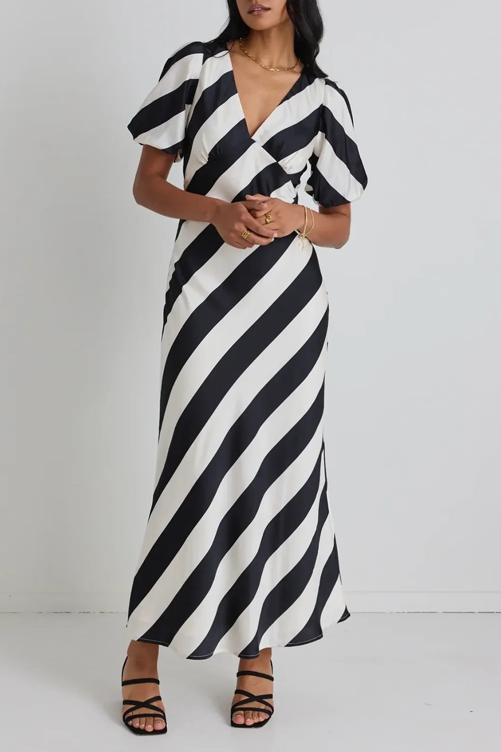 Striped V - Neck Short - Sleeve Maxi Dress