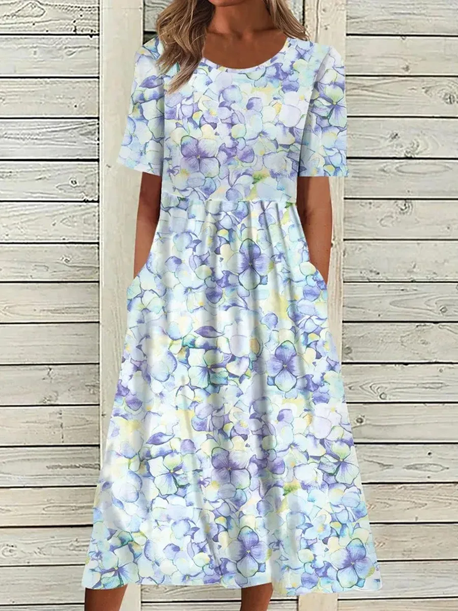 Casual Floral Print Crew Neck Pocket Short Sleeve Midi Dress