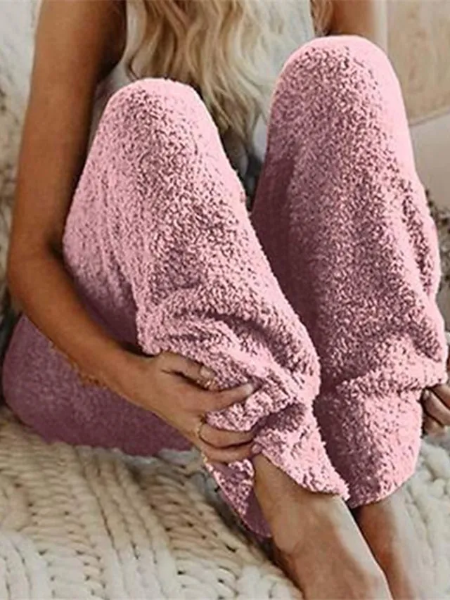 Women's Plush Lounge Fluffy Pajama Fuzzy Warm Winter Pants Nighty Pjs Pure Color Comfort Home Bed Polyester Long Pant Elastic Waist Winter Fall Pink Dark Gray / Fleece