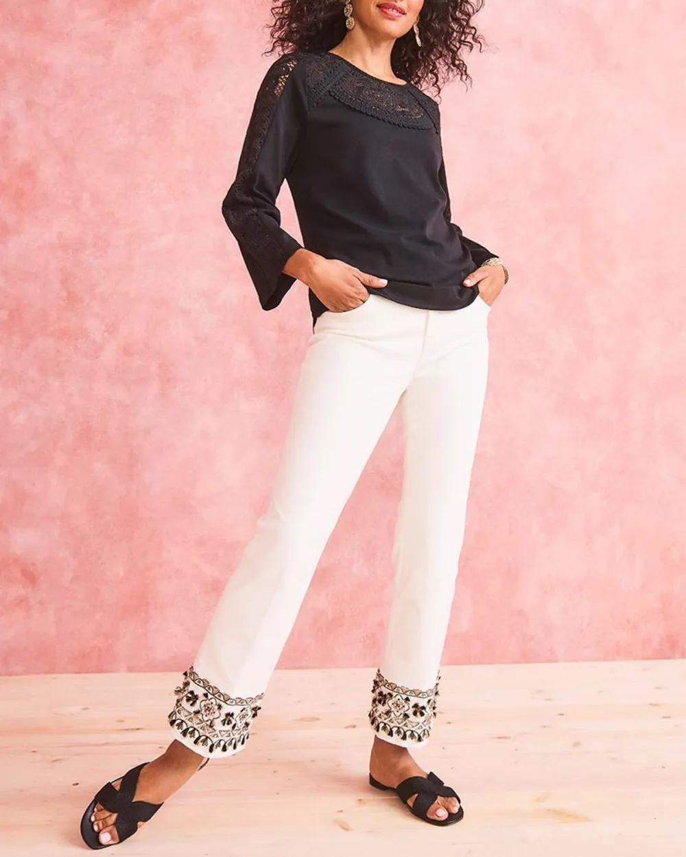 Embroidered Cuff Straight Jeans