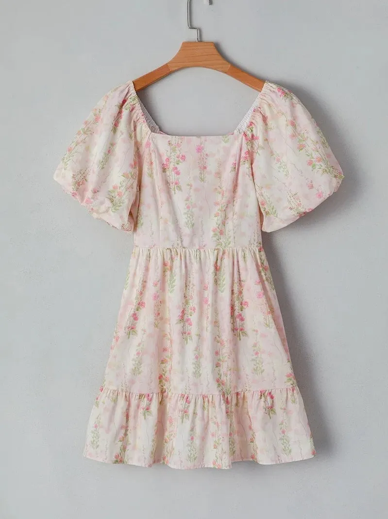 Cute Puff Sleeves Waist-Cinching Pink Dress