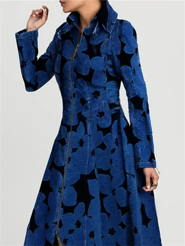 Ursime Daily Long Sleeve Floral Pattern Zipper Denim Maxi Dress