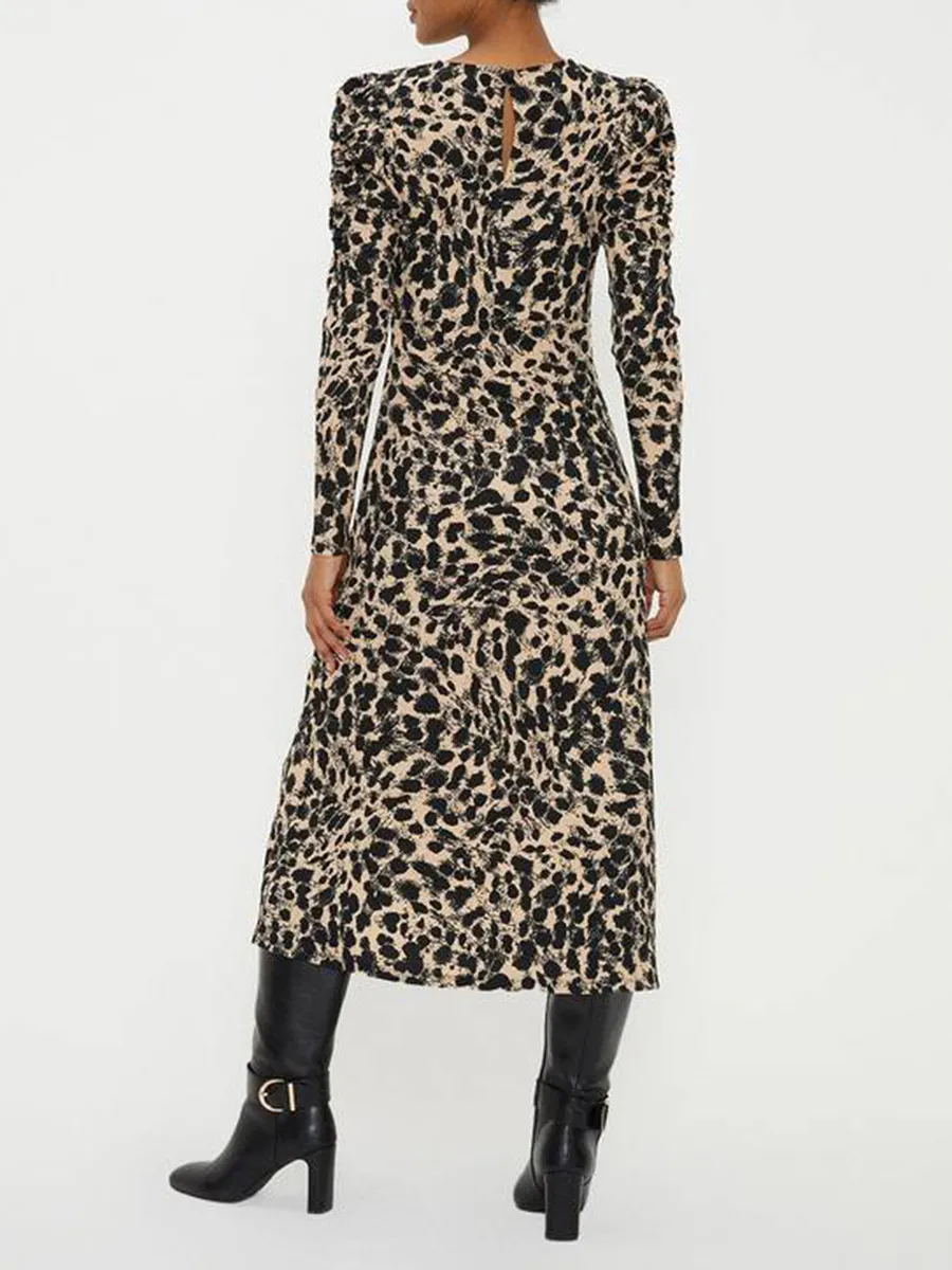 Leopard Print Long Sleeve Midi Dress with Puff Shoulders