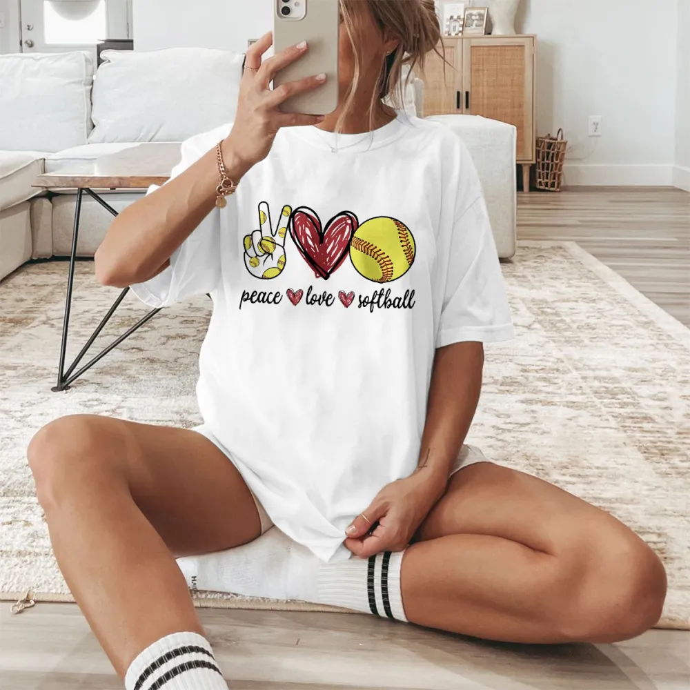 Peace Love Softball Printed Round Neck Short Sleeve T-Shirt