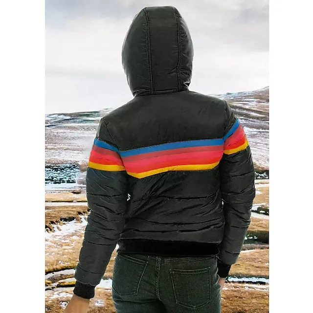 Women's Winter Jacket Puffer Jacket Street Daily Going out Winter Fall Regular Coat Stand Collar Regular Fit Windproof Warm Active Streetwear Casual Jacket Long Sleeve Color Block Rainbow Pocket Full