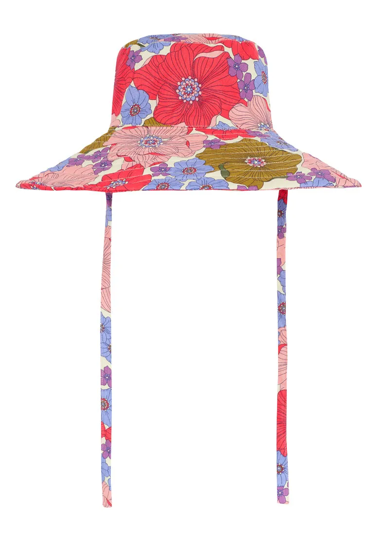 Floral - Patterned Wide - Brim Sun Hat with Ribbons
