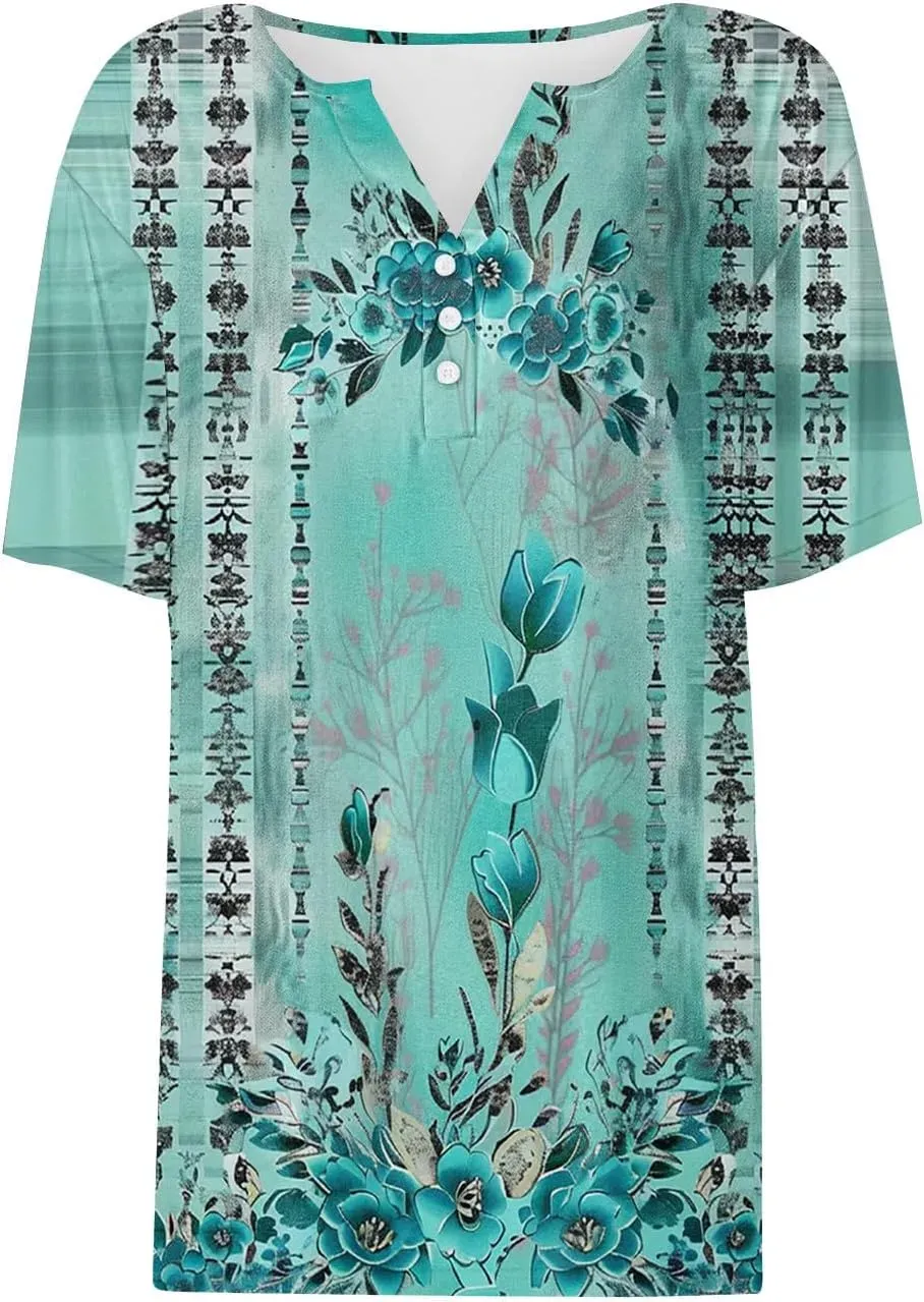 Shirts for Women Casual Printed Summer Tops Short-Sleeved Button V-Neck Tops Blouse Fashion Boho T-Shirts