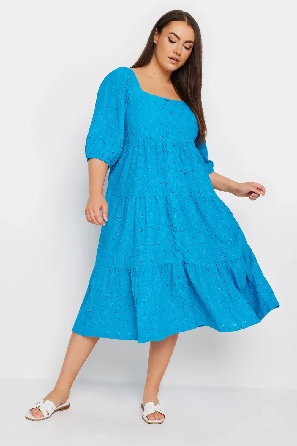 YOURS Curve Blue Broderie Anglaise Button Front Dress
