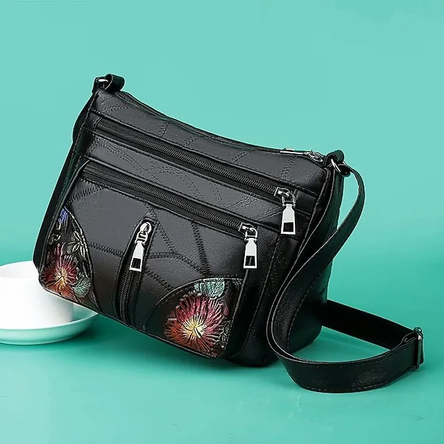 Women's Crossbody Bag Shoulder Bag Hobo Bag PU Leather Outdoor Daily Holiday Embroidery Zipper Large Capacity Waterproof Lightweight Solid Color Flower Folk Black
