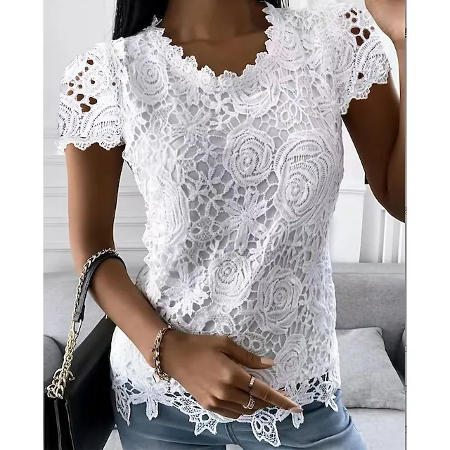 Women's Shirt Blouse Black White Pink Plain Lace Short Sleeve Casual Vintage Fashion Basic Round Neck Regular Fit
