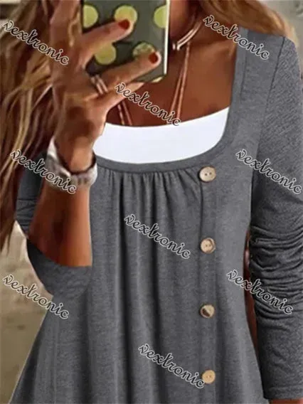 Women's Long Sleeve U-Neck Buttons Top