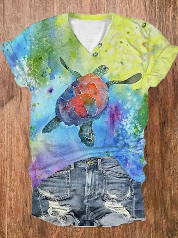 Women's Summer Sea Turtle Print Tee
