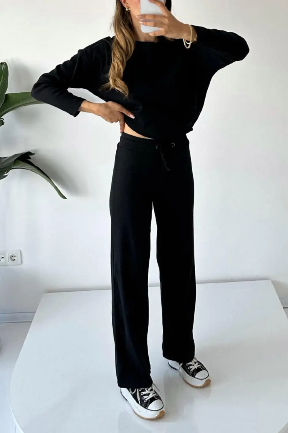 Ribbed Crew Neck Crop Top Drawstring Long Pants Set