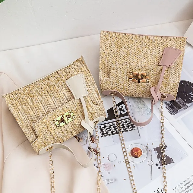 Fashion Women Straw Woven Shoulder Crossbody Messenger Bag Casual Ladies Summer Beach Vacation Chain Small Handbags Flap Purse