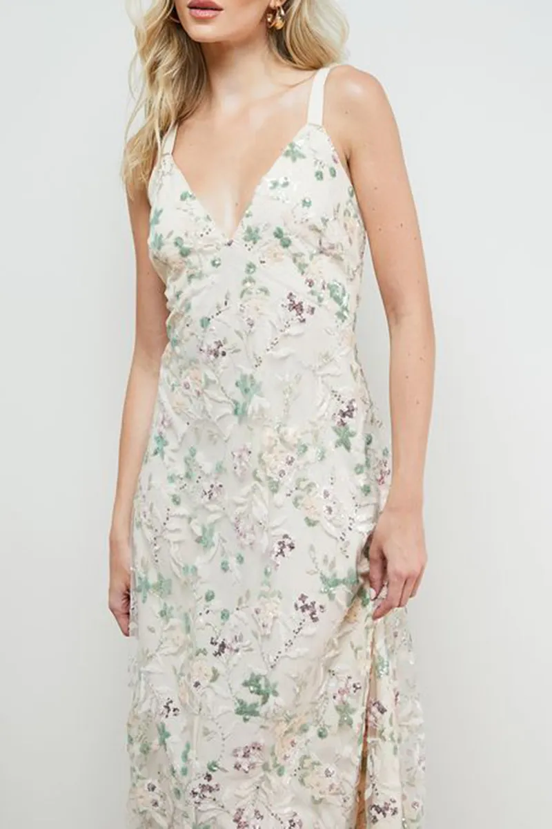 Ivory Hand Embellished V Neck Dress