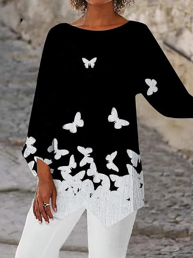 Women's Shirt Blouse Black White Light Grey Graphic Butterfly Asymmetric Print Long Sleeve Casual Basic Round Neck Regular Fit Butterfly Spring Fall
