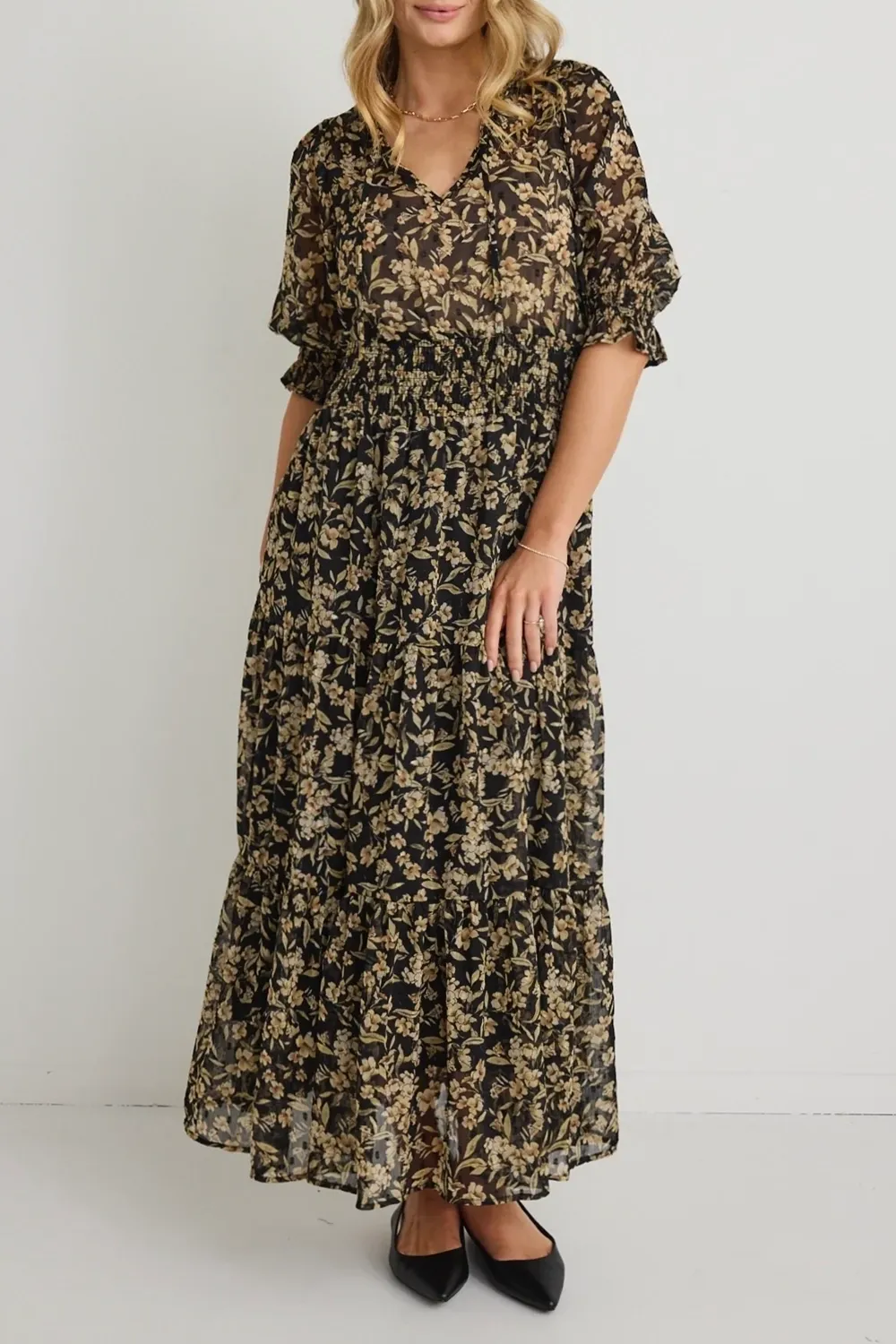 Black Gold Floral V - Neck Tiered Dress