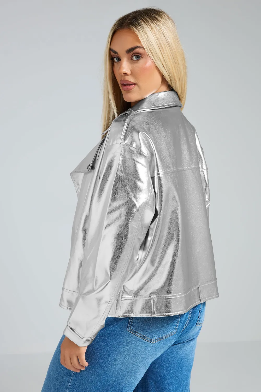 LIMITED COLLECTION Curve Silver Metallic Biker Jacket
