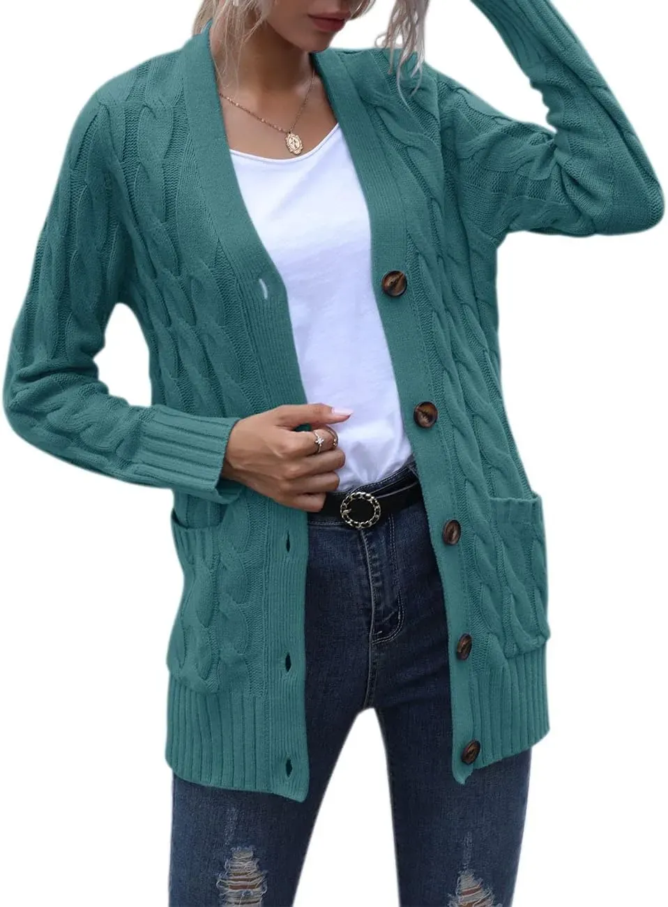 MEROKEETY Women's 2024 Fall Long Sleeve Cable Knit Sweater Open Front Cardigan Button Loose Outerwear