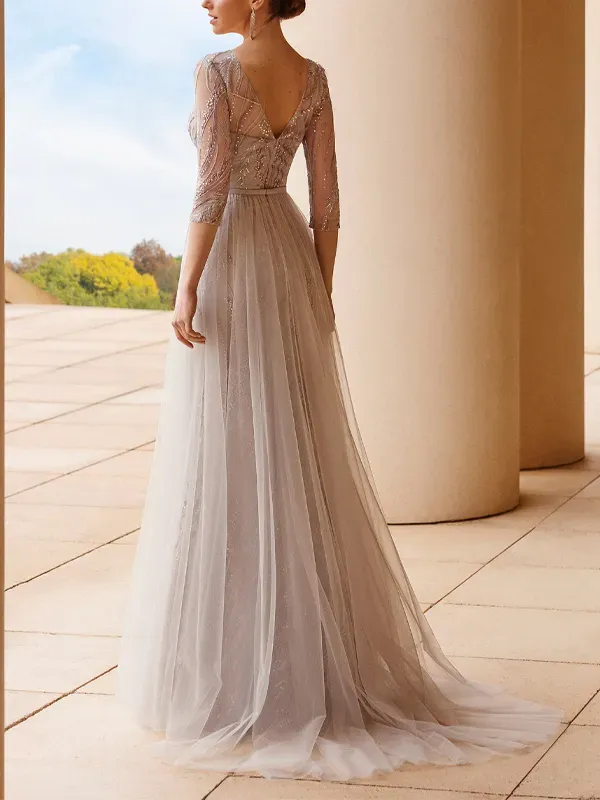 V Neck Mesh Sequin Maxi Dress