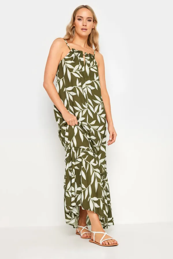 LTS Tall Olive Green Leaf Print Ruched Neck Maxi Dress