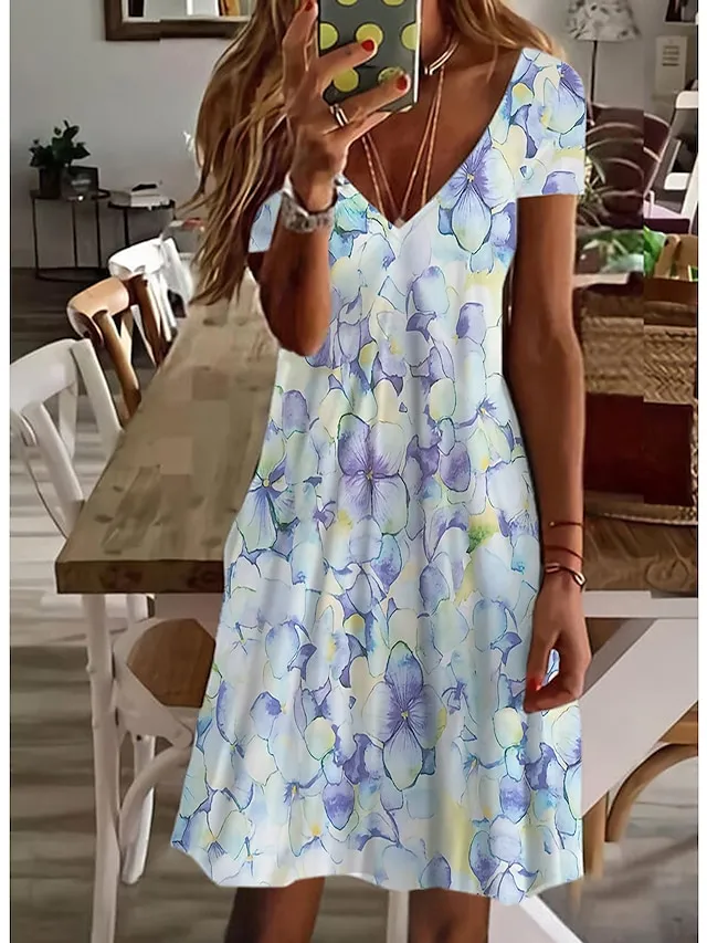 Women's Casual Dress T Shirt Dress Tee Dress Midi Dress White Short Sleeve Floral Print Fall Spring Summer V Neck Basic Daily Vacation 2023 S M L XL XXL 3XL