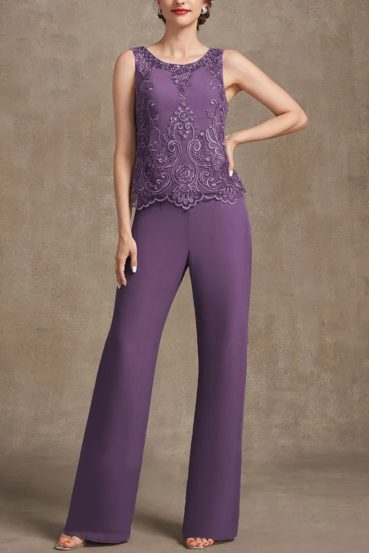 Plus Size Embroidery Chiffon Three Pieces Set Pant Suits